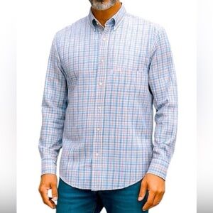 Lands' End Button Down Shirt Blue/White Stripes Size 16 1/2-34 No Iron Oxford